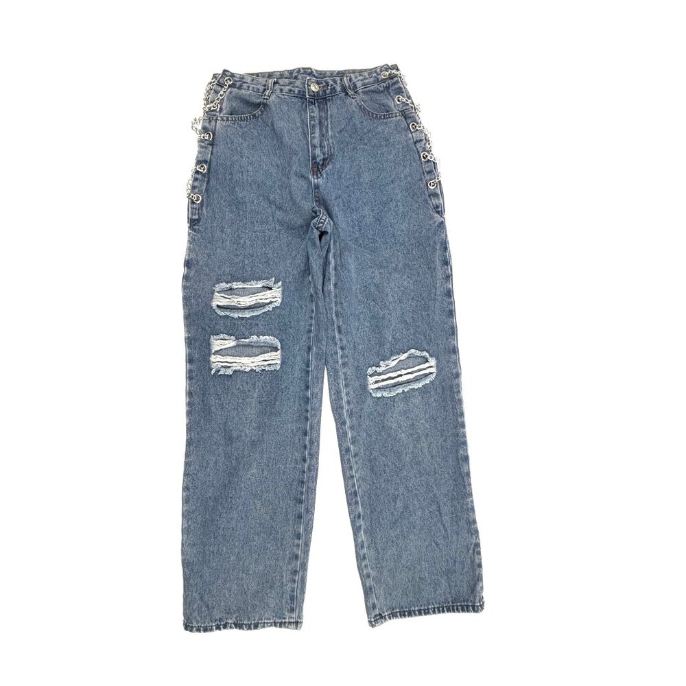Shein Distressed Straight Side Adjustable Chain Women's size 8 Blue Denim jeans